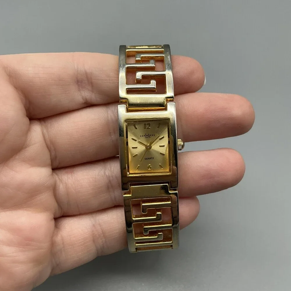 LA Express Womens Watch 18mm Gold Tone Greek Key Bracelet New Battery 7.5